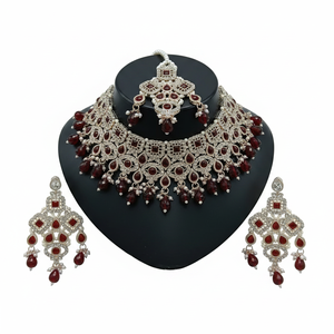 <b>Gold</b> Plated Brass Zircon Ethnic Bridal Jewelry <b>Set</b> Choker Necklace Drop Earrings Tikka High Quality Engagement Anniversary Gift - Product Image 2