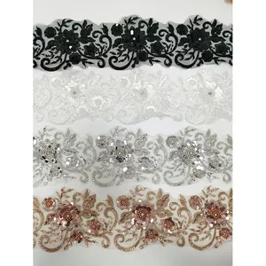 wholesale price 3d flower lace embroidered fabric gold yellow sliver Beaded sequin trim for accessories cloth dress