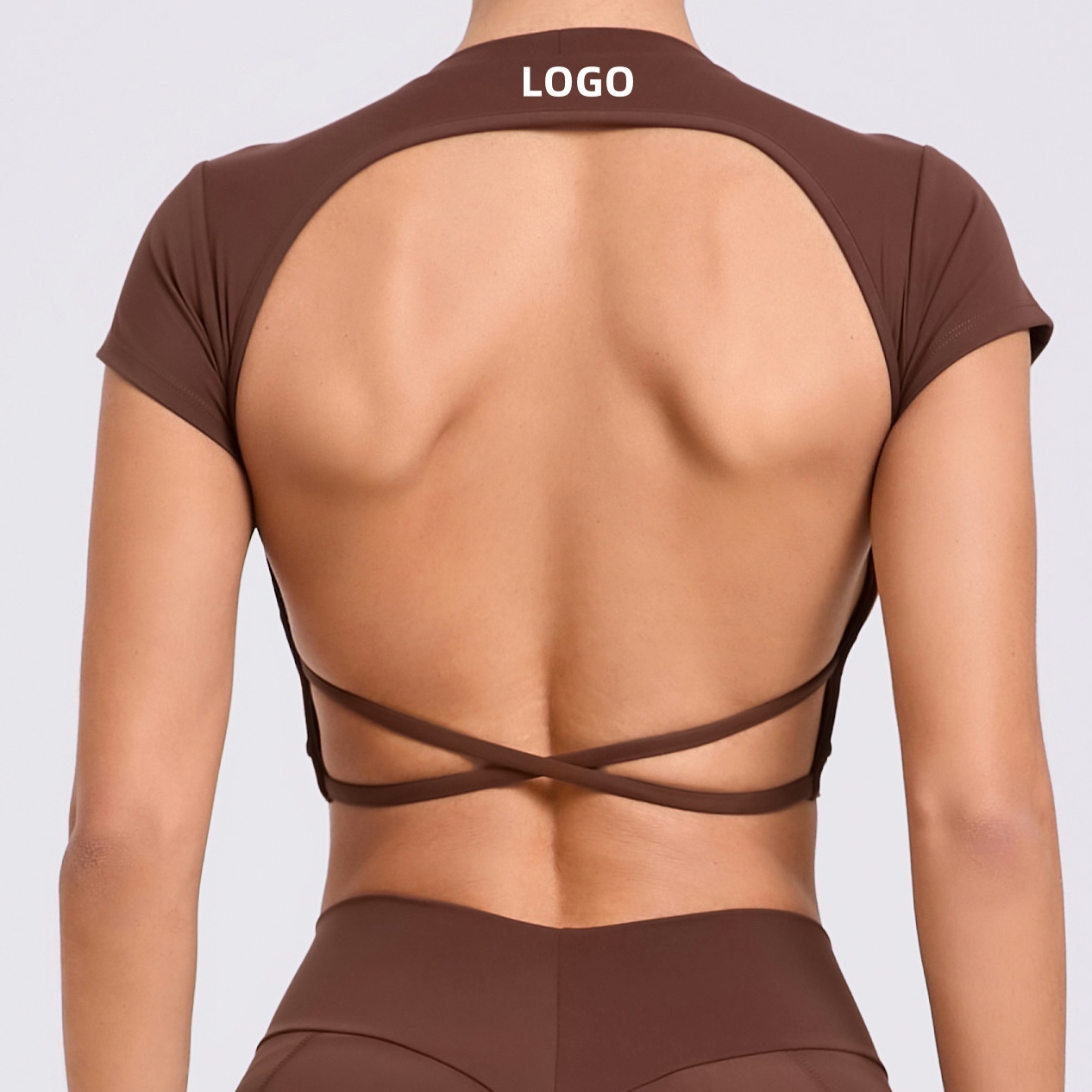 Quick-Drying Breathable Sports Top with Chest Pad Backless and Sanded Tight Short-Sleeved for Outdoor Fitness Yoga
