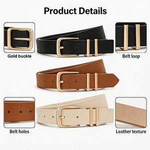 Custom 3 Pack Women <b>Belts</b> <b>for</b> Jeans <b>Dresses</b> Pants Ladies Leather Waist <b>Belt</b> With <b>Gold</b> Circle Buckle <b>for</b> Daily Casual Outfits - Product Image 2