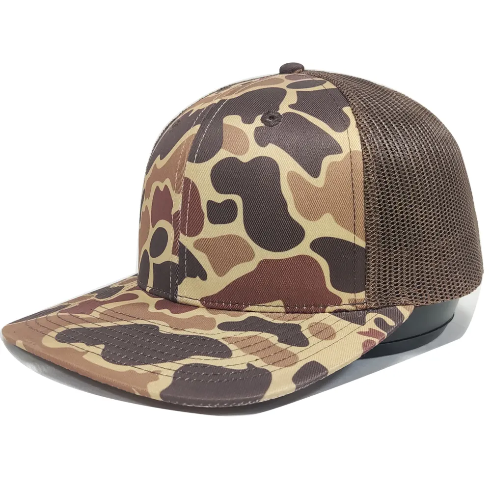 Topi Kulit Kustom Kualitas Premium Old School 6 Panel Mesh Richardson 112 Gaya Trucker Camo Topi Kosong