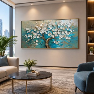 Vente directe usine : <span class=keywords><strong>Peinture</strong></span> acrylique moderne sur toile, motif arbre à <span class=keywords><strong>fleurs</strong></span> blancs texturés, avec <span class=keywords><strong>couteau</strong></span> à palette, pour usage intérieur hôtelier - Product Image 6