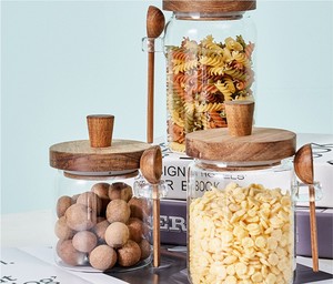 Contenitore in vetro borosilicato di alta qualità con coperchi in legno di Acacia manici incorporati cucchiai ermetici da cucina per chicchi di caffè - Product Image 5