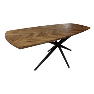 Modern Herringbone Design Solid <b>Wood</b> <b>Top</b> Rectangle Dining Table with Black Metal Base Cross Leg 6-Seater Designer Table - Product Image 5