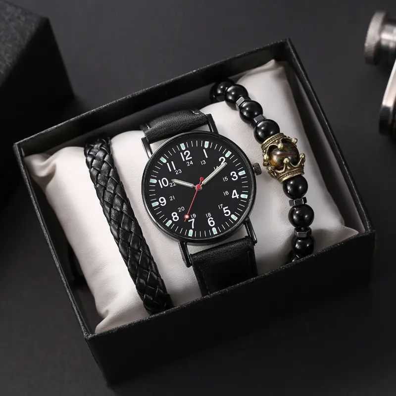 Fashion 3 Pcs/Set Watch With Bracelet Set And Gift Box Packing Jewelry Natural Stone Leather Bracelets Bangles Watch Sets Men