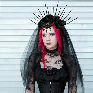 <span class=keywords><strong>Comprar</strong></span> HLC Accesorios para el cabello de Halloween Diadema de flores góticas para mujer con velo negro Tocado de novia de boda con diamantes de imitación rojos con cordones - Product Image 3