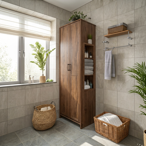 Teak Wood <b>Tall</b> Bathroom Cabinet 2 Door 3 Side Open <b>Shelf</b> Linen Tower - Product Image 1