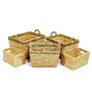 Natural Water Hyacinth <b>Storage</b> <b>Baskets</b> <b>Rectangle</b> With Handles Rustic Multi Purpose Neatening Organizers - Product Image 1