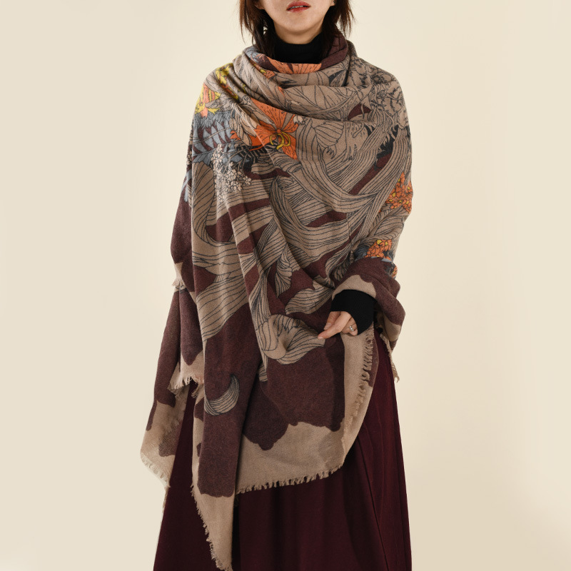 Autumn Inner Mongolia Boiled Wool Style Multifunction Large Size Scarf Medium Thickness Ethnic Style Printed Shawl