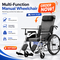 Fauteuil roulant entièrement inclinable avec lit d'appoint et table à manger, dossier hydraulique, repose-jambes réglable, pneus épais et solides, et double frein