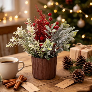 Composizione Natalizia Artificiale in Vaso, Eucalipto Ghiacciato <span class=keywords><strong>con</strong></span> Bacche Rosse e Cedro, Decorazione da Tavolo per Interni per le Festività Invernali - Product Image 1
