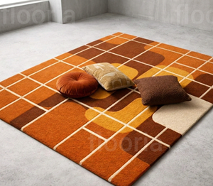 Tapis géométrique rectangulaire mi-siècle en laine et acrylique, tissé à la main, antidérapant, pour salon, motif orange et marron, poils moyens - Product Image 5