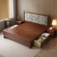 Nouveau lit de rangement en noyer de style chinois 1,5 m 1,8 m, lit double de style antique pour chambre à coucher, en bois massif, entièrement équipé et confortable