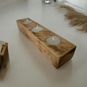 ADC Distressed Wood Multi-Tealight Block Set Rectangular <b>Tea</b> <b>Light</b> Candle Tray Handmade Brown Tabletop Home Decor - Product Image 1