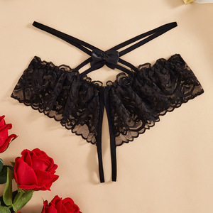 Tanga sexy de encaje para mujer, negra, transparente, con volantes y lazo, de talle bajo, lencería. - Product Image 1