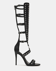 Botas Gladiador Negras de Cuero Sintético PU hasta la Rodilla para Mujer, con Tachuelas, Tacón de Aguja y Diseño Hueco, <span class=keywords><strong>Sandalias</strong></span> <span class=keywords><strong>Romanas</strong></span> para Fiesta - Product Image 3