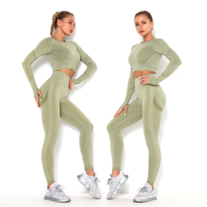 Индивидуальные бесшовные костюмы из 2 предметов для спортзала, спортивные костюмы для женщин, короткий топ с длинным рукавом + Скрещенные леггинсы, комплекты для йоги, фитнеса и активного отдыха - Product Image 3
