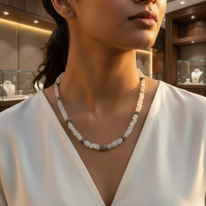 Silver Beaded <b>Necklace</b> for Women with Moonstone Diamond Bead Rhodium Plated Religious Style Strand <b>Chains</b> for Wedding or Gift - Product Image 4