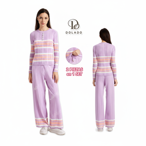 Dolado Set Loungewear da Donna in Maglia a Righe, Maniche Lunghe, Girocollo, Morbido, Casual, Completo da Notte Lungo, 2 Pezzi, Primavera - Product Image 1