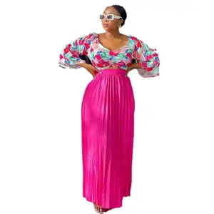 女性のためのアフリカの服秋春2ピース3/4スリーブプリントトップロングプリーツスカートマッチングセットダシキアフリカの服