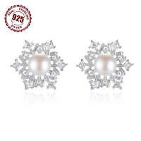 Boucles d'oreilles pendantes en argent flocon de neige exquises, micro-incrustées de zircon, motif floral géométrique, perles d'eau douce, pour femmes