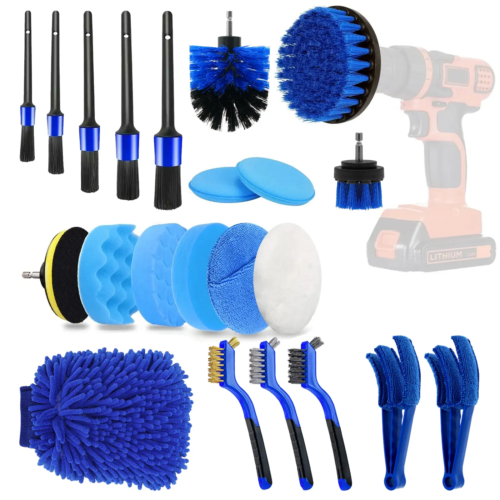 Kit de brosses pour voiture, 22 pièces, nettoyage intérieur avec perceuse automatique, brosse douce, éponge, tampons de polissage