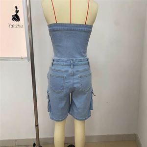 Monos de Verano de Moda para Mujer, sin Mangas, con Bolsillos, de Mezclilla con Parches, Monos Ajustados de Una Pieza, Monos Casuales de Mezclilla Tipo Cargo - Product Image 5