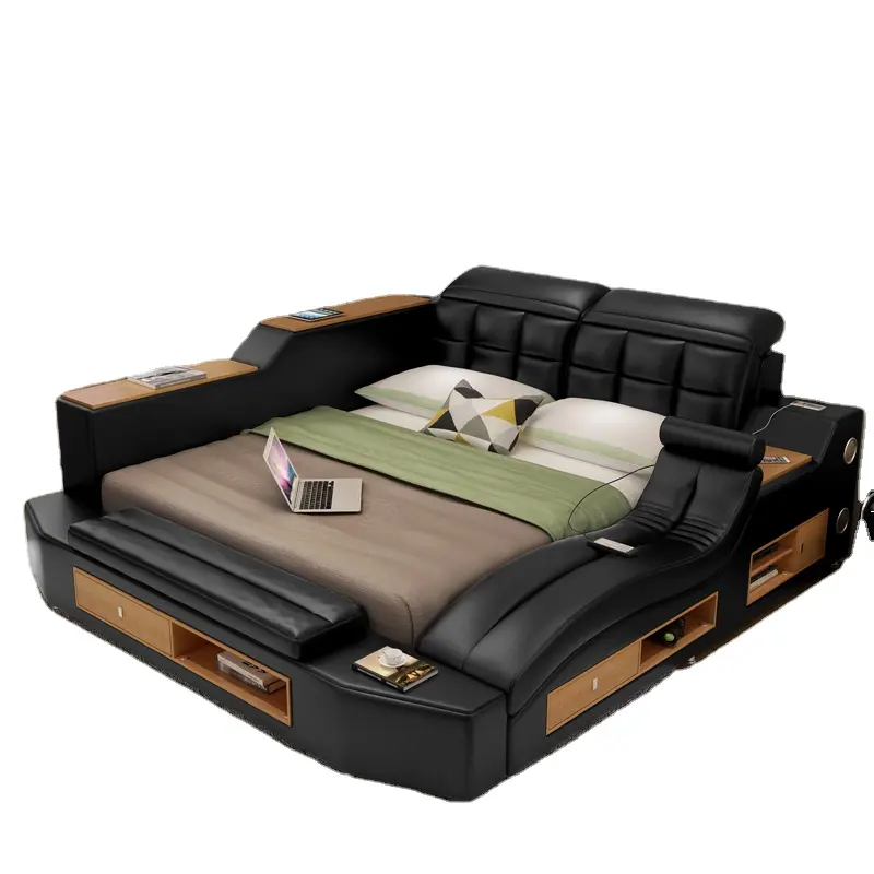 Kamar Tidur Modern Penyimpanan Kulit Lembut Kain Multi-Fungsi Pijat Tatami Smart Tempat Tidur dengan Speaker