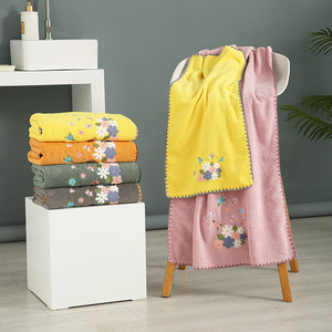 Ensemble de serviettes florales brodées en polaire corail absorbant pour le bain et le lavage du visage, usage domestique, rectangulaire, jaune, orange, rose, gris - Product Image 1