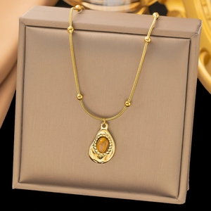 Collar de Cadena de Acero Inoxidable al por Mayor, Serie de Color Maillard, Collar con Colgante de Piedra Ojo de Tigre, Joyería - Product Image 4