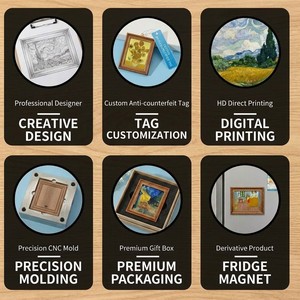 Imán de nevera 3D de madera duradera con pinturas mundialmente famosas: Noche estrellada de <span class=keywords><strong>Van</strong></span> <span class=keywords><strong>Gogh</strong></span>, Mona Lisa de Monet. Mini arte al óleo impreso con letterpress. - Product Image 4
