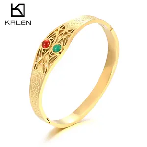 Kalen 18k Gold Bead Stainless Steel Bracelet Jewelry Green and Red Opal Bangles