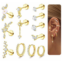 Ensemble de 12 boucles d'oreilles clous en acier inoxydable plaqué or 18 carats avec zircons incrustés, motifs étoile, lune et fleur, bijoux de piercing tendance