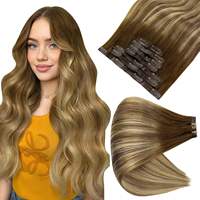 Extensiones de Cabello Virgen 12A, Lisas y Sedosas, con Clip, Cabello Vietnamita Natural, Reflejos Marrón Claro, Mechones Rubios Miel