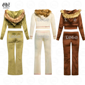 Mùa Thu Mùa Đông Của Phụ Nữ Y2K Quần Áo Nhung Và Waffle Dệt Giả Lông Thú Cổ Áo Hoodies Biểu Tượng Tùy Chỉnh Rhinestone 2 Mảnh Thiết Lập Phụ Nữ - Product Image 1