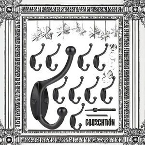 Vintage Double Wall Mounted Metal Hook With <b>Black</b> Coat For <b>Clothing</b> In Garage Kitchen Bathroom With Screws Included - Product Image 2