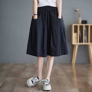 Cotton Linen Wide Leg Cropped Pants Women Summer Loose Fit Mid Length Casual Solid Color Khaki Plus Size Straight Leg Pants - Product Image 2