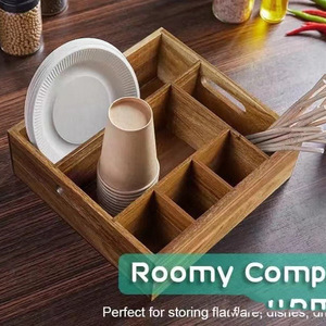 Wooden Cutlery <b>Storage</b> <b>Box</b> Rectangle Dark Brown With Handle For <b>Kitchen</b> Organizing Fork Spoon Plate Cup - Product Image 4