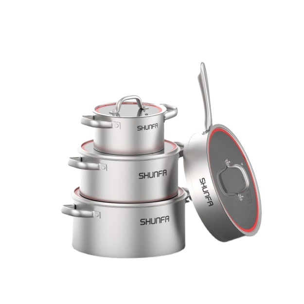 SHUNFA Modern Kitchenware 4pcs Cooking Pots and Pans Cookware Set 304 Stainless Steel Pot with Glass Metal Surface Cover Lid