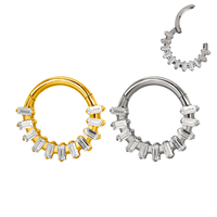 GZN Body Piercing Jewelry Anillo de aro de segmento con bisagras de titanio con Baguette frontal CZ Fan Edge Nariz Anillo de oreja Pendiente de hélice