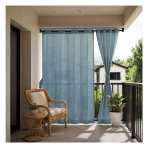 Country Blue Eyelet Outdoor Curtains 180 GSM with Soft Sky Blue Tone and Light Filtering Fabric for Relaxing Balcony Patio - Product Image 1