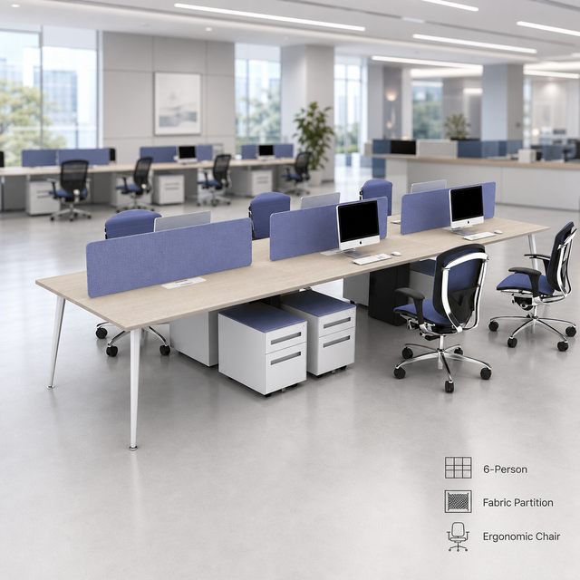 Office Desk Workstation 6 Person with Fabric Partition and Ergonomic Chair for Bank Office