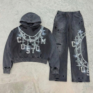 เสื้อฮู้ดดี้ผู้ชายทรงบ็อกซี่สีดำวินเทจพิมพ์ลายแบบกำหนดเอง OEM พิมพ์ดิจิทัล หนัก 400 GSM ชุดสองชิ้น - Product Image 1