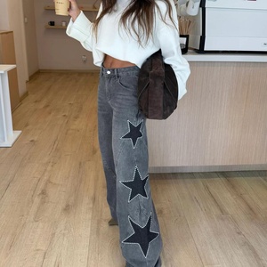 OUDINA Nouvelle Arrivée Jean Décontracté Ample à Jambes Droites avec Strass Étoile à Cinq Branches pour <span class=keywords><strong>Femme</strong></span> - Product Image 3