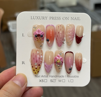 Vente en gros de faux ongles en acrylique faits à la main avec motifs floraux, faux ongles 3D mignons peints à la main, faux ongles réutilisables personnalisés en vrac