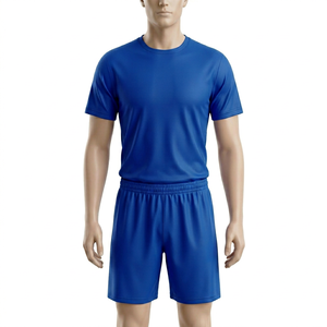 Ensemble T-shirt et short pour homme, bleu, anti-transpiration, col rond, manches courtes, taille élastique, couleur unie, polyester, vêtements de football - Product Image 1