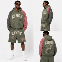 Ensemble de survêtement deux pièces streetwear pour homme, personnalisé, vintage, délavé et vieilli, avec sweat à capuche zippé color block brodé et short