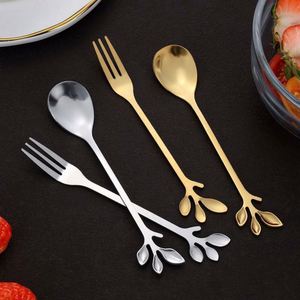 Unique Creative Tableware Stainless Steel Leaf Spoon Coffee Spoon Dessert Fork Spoon Set - Product Image 3