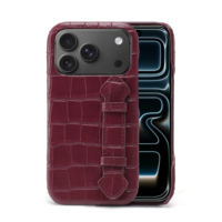 Casing Kulit Motif Kulit Buaya Burgundy Vintage dengan Loop Sabuk dan Pelindung Anti Benturan untuk Ip 15 Pro Max