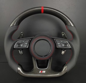 Volant en fibre de carbone pour <span class=keywords><strong>Audi</strong></span> A3 A4 A5 A6 A7 <span class=keywords><strong>Q3</strong></span> Q5 Q7 S <span class=keywords><strong>RS</strong></span> Series, cuir perforé avec coutures rouges et palettes de changement de vitesse - Product Image 1